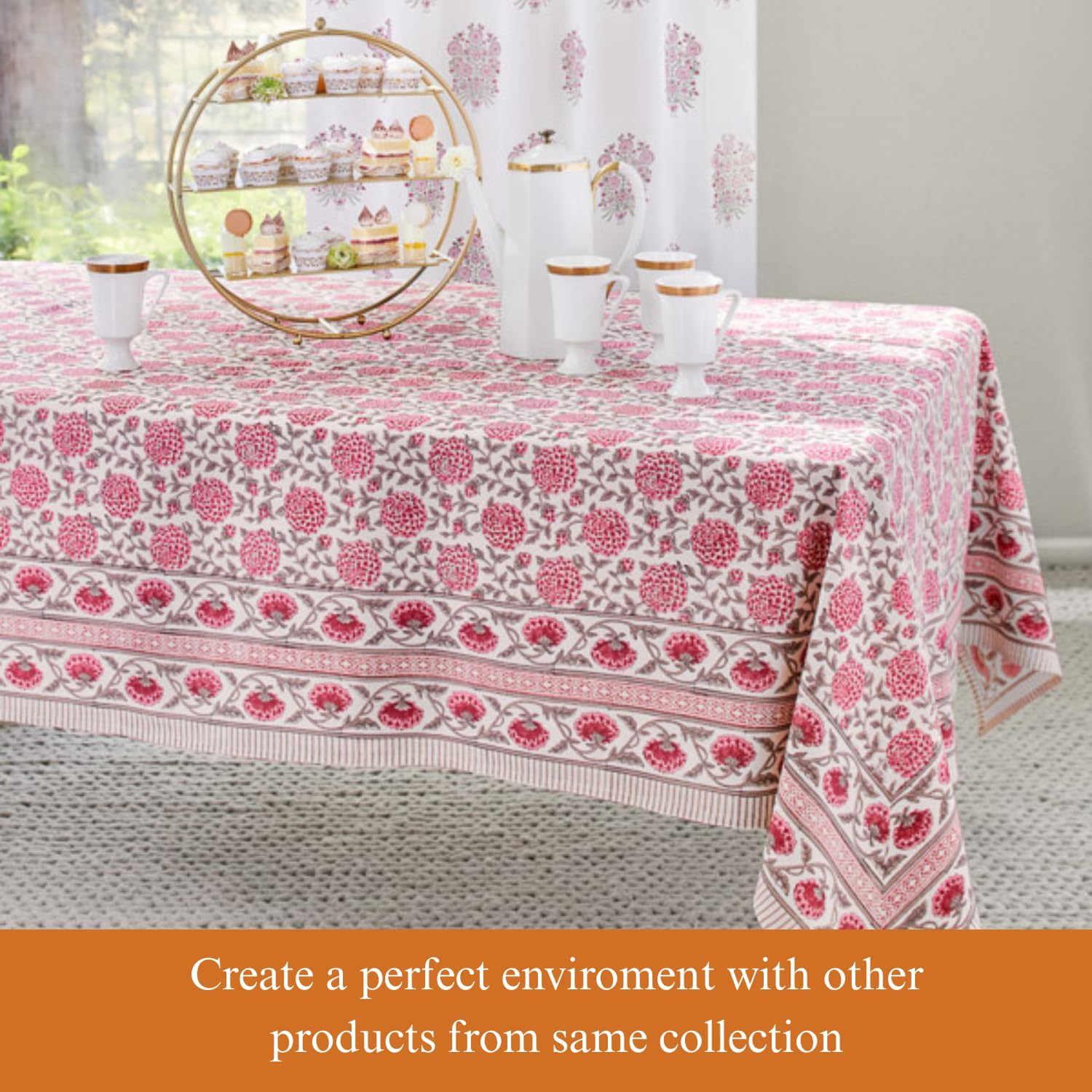 Saffron Marigold Round Hand Block Printed Tablecloth - Pink Dahlia Daydreams Luxurious 100% Cotton, Washable, for Home Decor, Kitchen, Coffee Or Dining Table 70 Inch