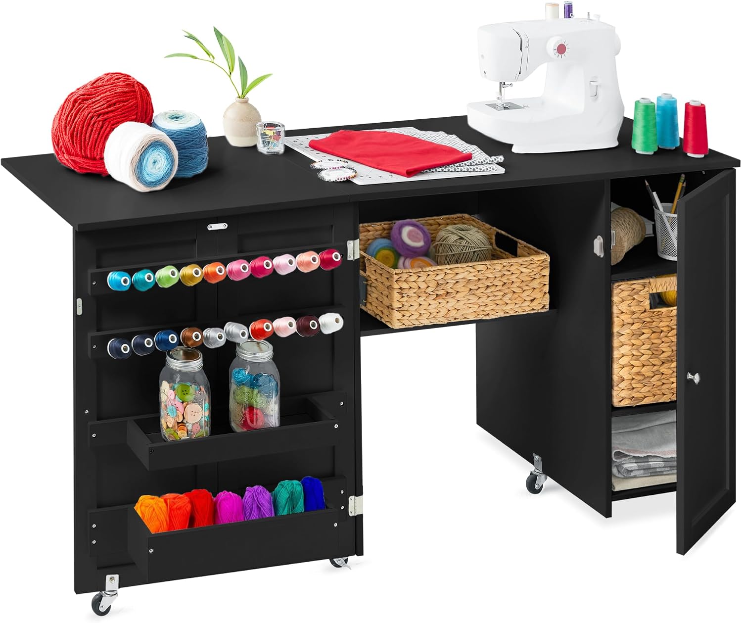 Best Choice Products Large Folding Sewing Table, Multipurpose Portable Craft Station & Side Desk w/Compact Design, Caster Wheels, Storage Shelves, 2 Storage Trays, Magnetic Doors - Black
