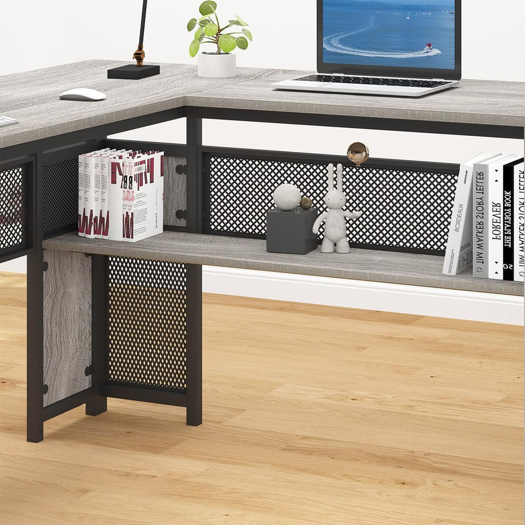 HSH Large L Shaped Desk with Storage File Cabinet，Corner L-Shaped Computer Desk with Drawers Shelves, Home Office Bedroom Metal Wood Study Writing Table Executive Workstation, Light Grey Oak, 59 Inch