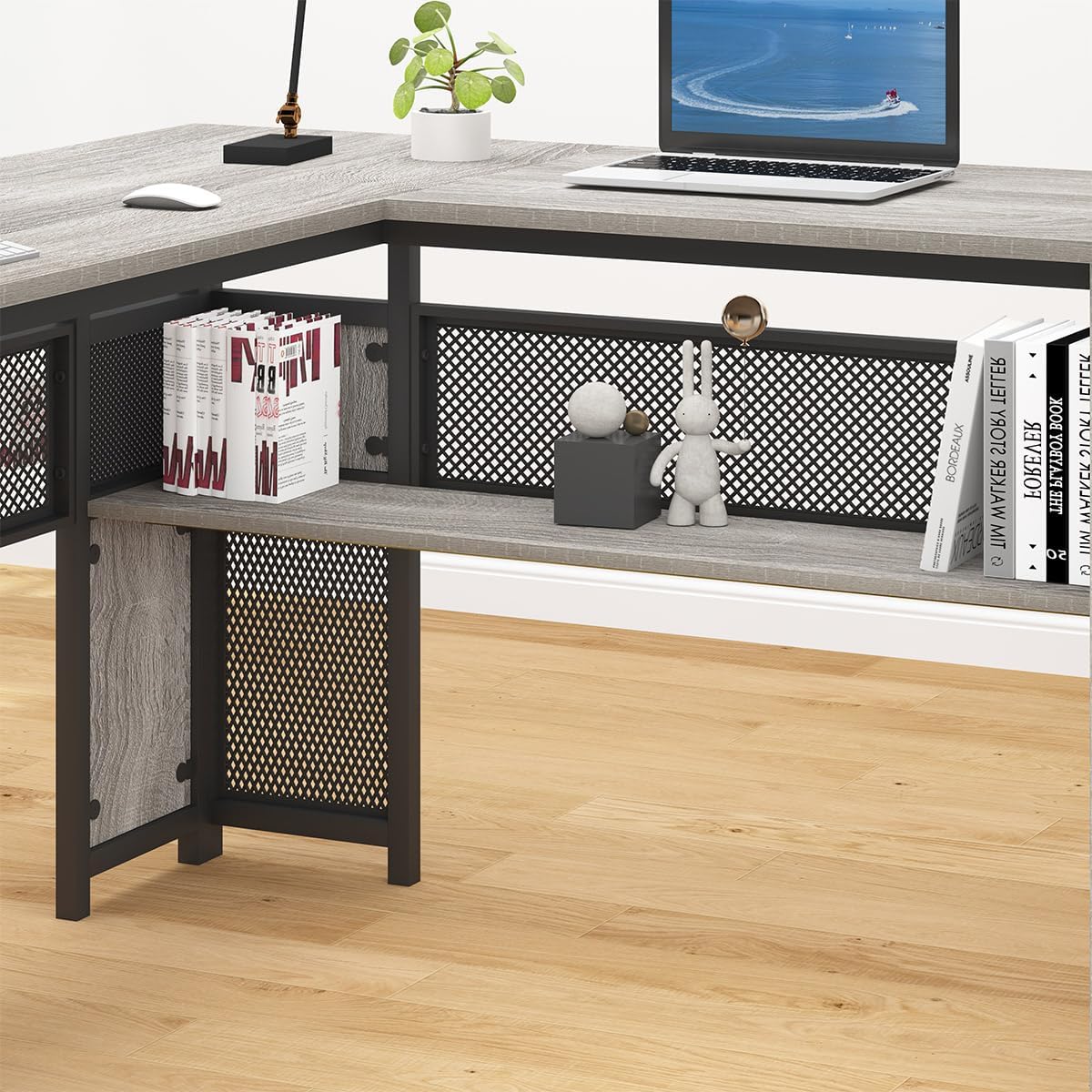 HSH Large L Shaped Desk with Storage File Cabinet，Corner L-Shaped Computer Desk with Drawers Shelves, Home Office Bedroom Metal Wood Study Writing Table Executive Workstation, Light Grey Oak, 59 Inch