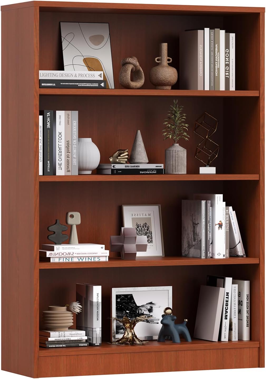 Farini 48 Inch Tall 4-Shelf Bookcase, Wood Bookshelf Storage Organizer Adjustable Shelf for Home Office, Study Room, Easy Assembly,Cherry