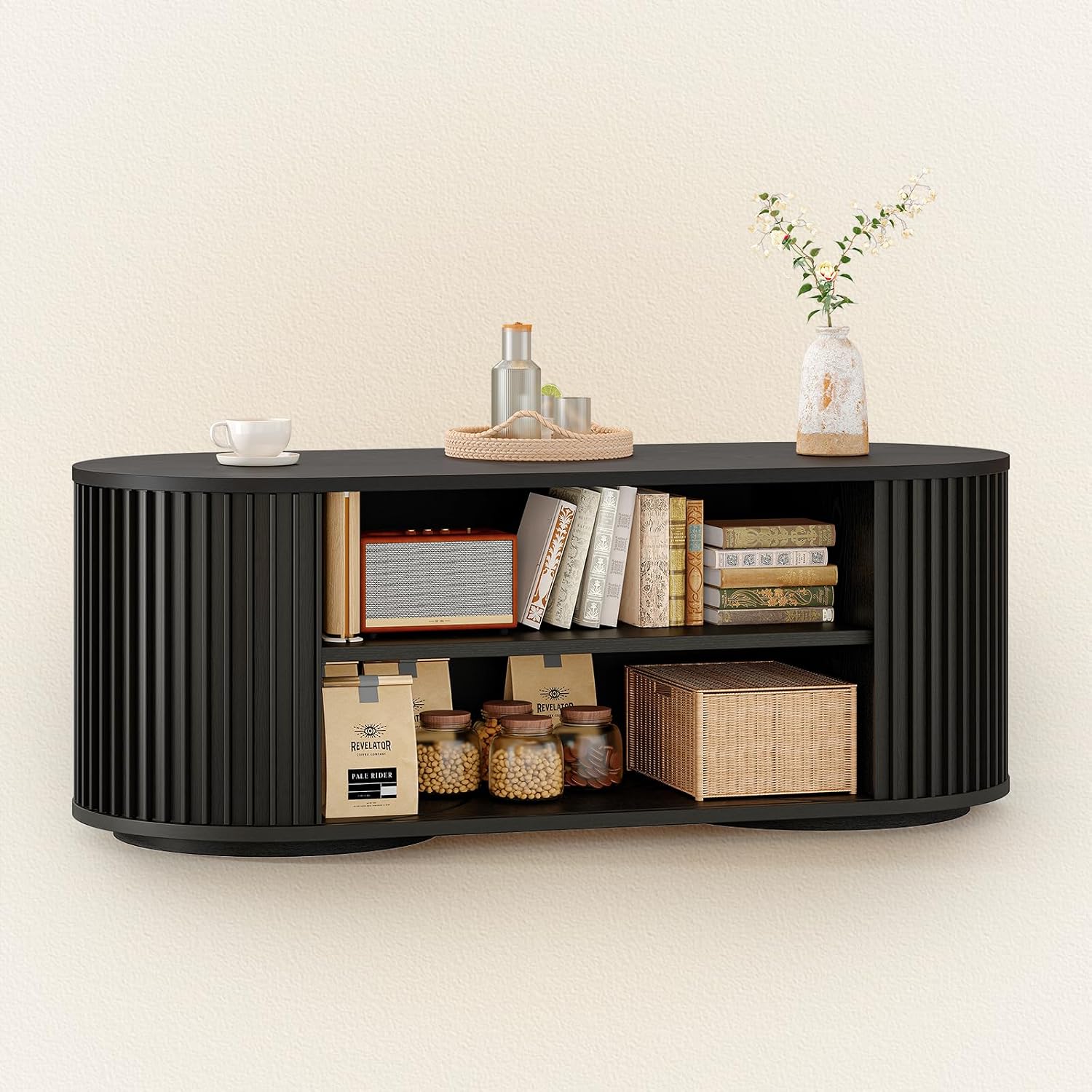 ONBRILL 47' Multi-Functional Coffee Table with Storage, Oval Coffee Table with Vertical Striped Sliding Door & Round Base, Mid-Century Modern Center Table with Adjustable Shelf for Living Room, Black