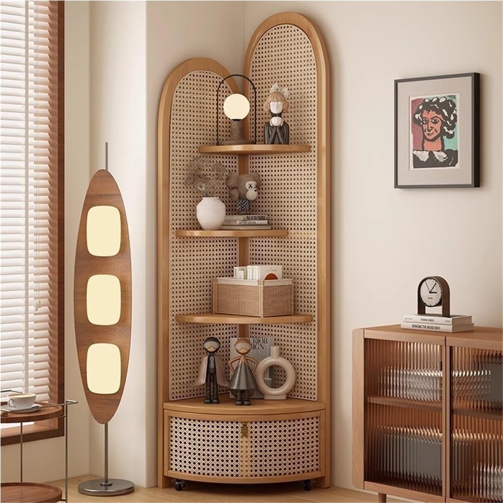 5 Tier Corner Shelf with Pulley, Rattan Bookshelf, Standing Shelf Organizer with Storage Basket, Minimalist Corner Display for Living Room, Bedroom, Office(Khaki)