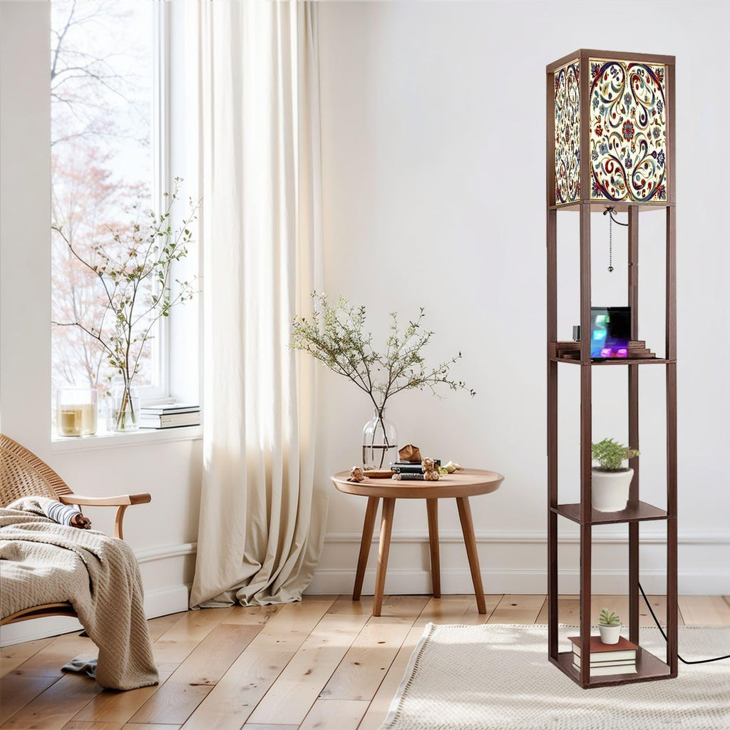 Floor Lamp with Shelves Red Blue Green Turkish Seamless Pattern Luxury Floral Ornament Standing Tall Lamp USB Ports & Power Outlet Modern Corner Lamp Nightstand Light for Living Room Bedroom