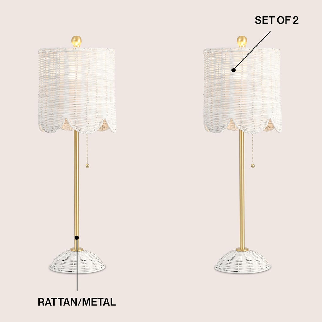 JONATHAN Y 27.5' White/Brass Gold Coastal Buffet Table Lamp Set of 2 for Bedroom, Boho Table Lamps with Natural Rattan Scalloped Shade, Pull Chain, LED Bulbs Included (JYL1138B-SET2)