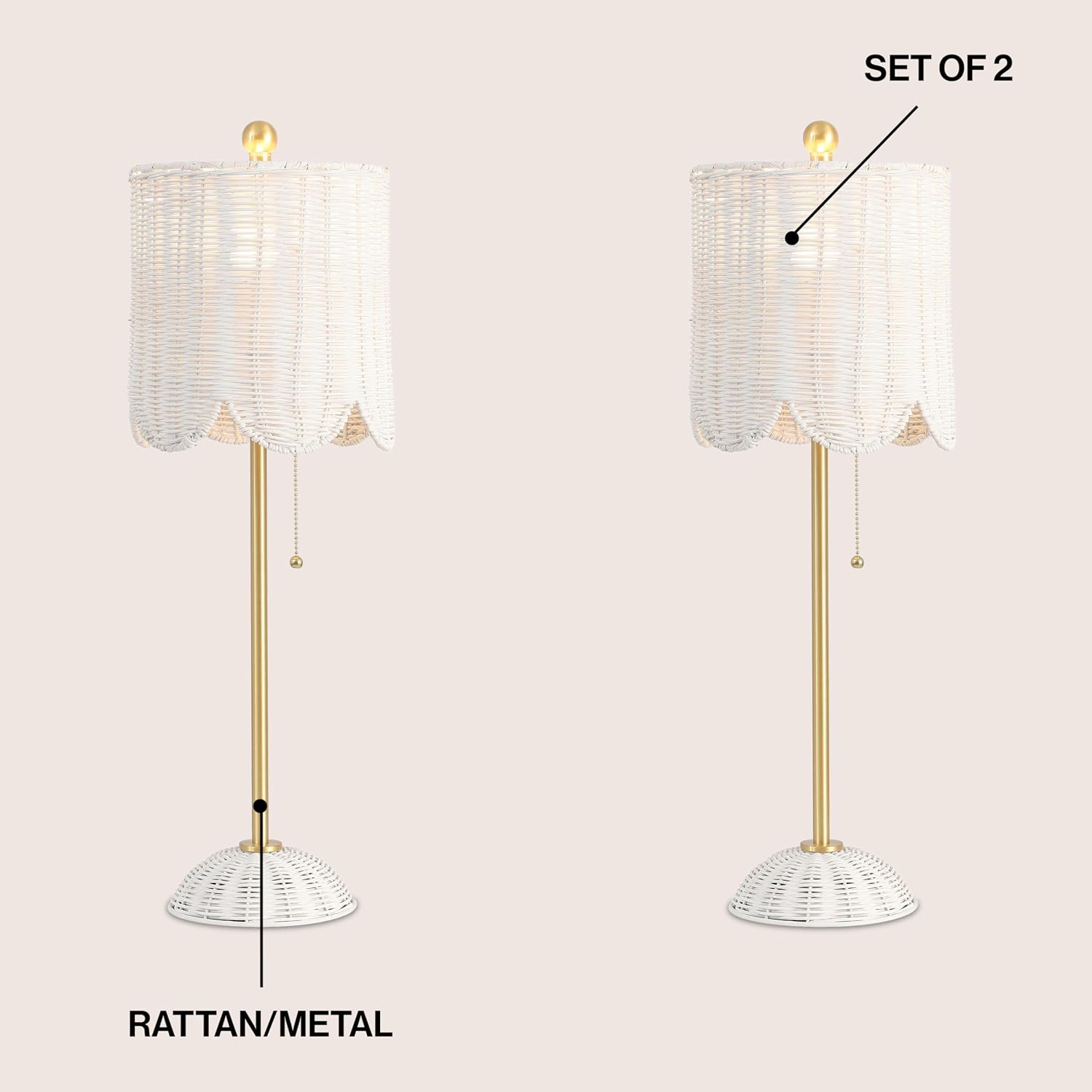 JONATHAN Y 27.5' White/Brass Gold Coastal Buffet Table Lamp Set of 2 for Bedroom, Boho Table Lamps with Natural Rattan Scalloped Shade, Pull Chain, LED Bulbs Included (JYL1138B-SET2)