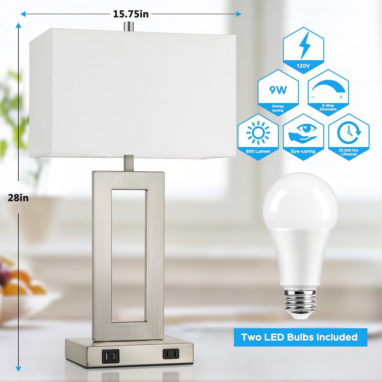 TOBUSA Modern Silver Table Lamps Set of 2, 28inch Tall Lamps for Living Room Bedroom with 2 USB Ports&AC Outlet, 3 Way Dimmable Touch Control Desk Lamps for Reading Home Office, 2 Bulbs Included