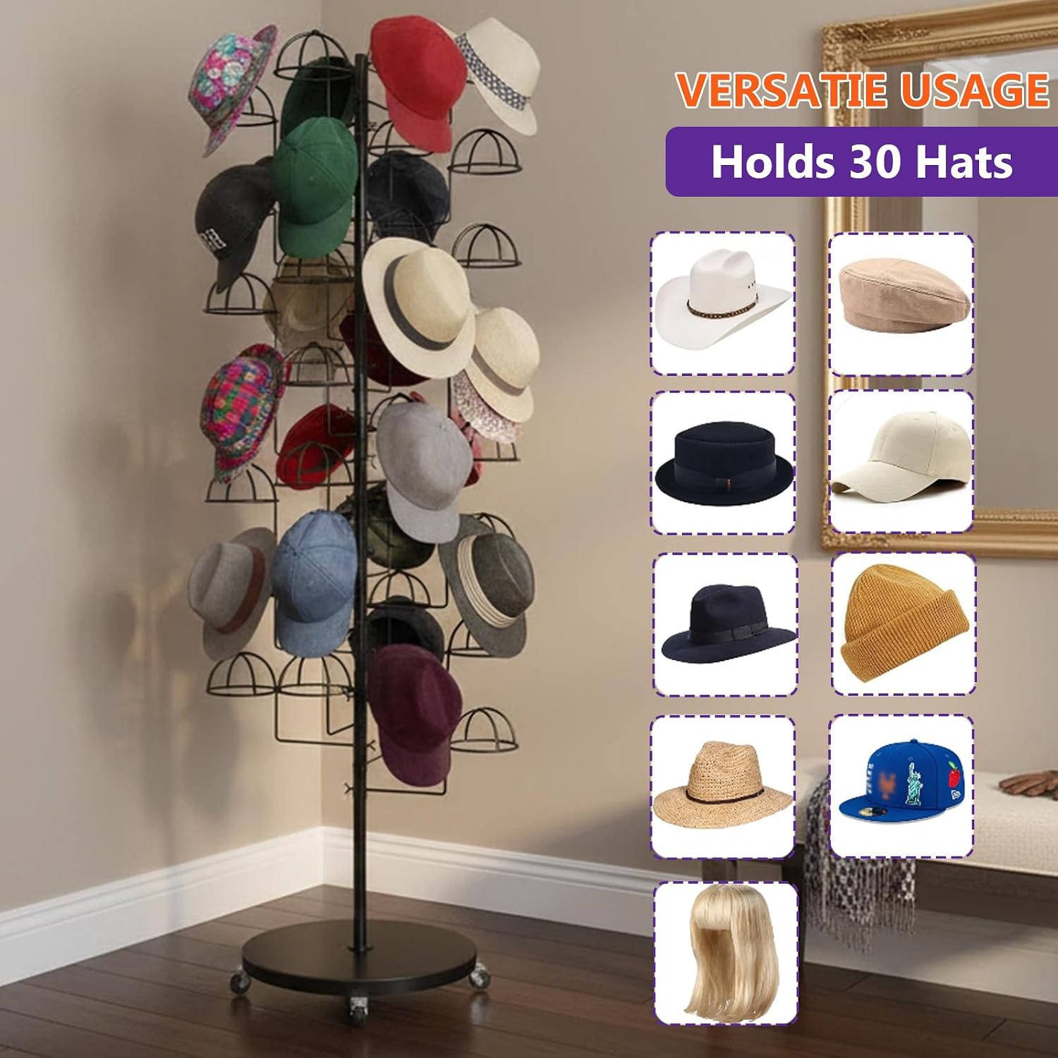 Metal Hats Display Rack with 30 Adjustable Hooks Floor Hat Rack Stand Hat Rack Display for Home Retail Store Hat Organizer Rack for Wig Cap(Black)