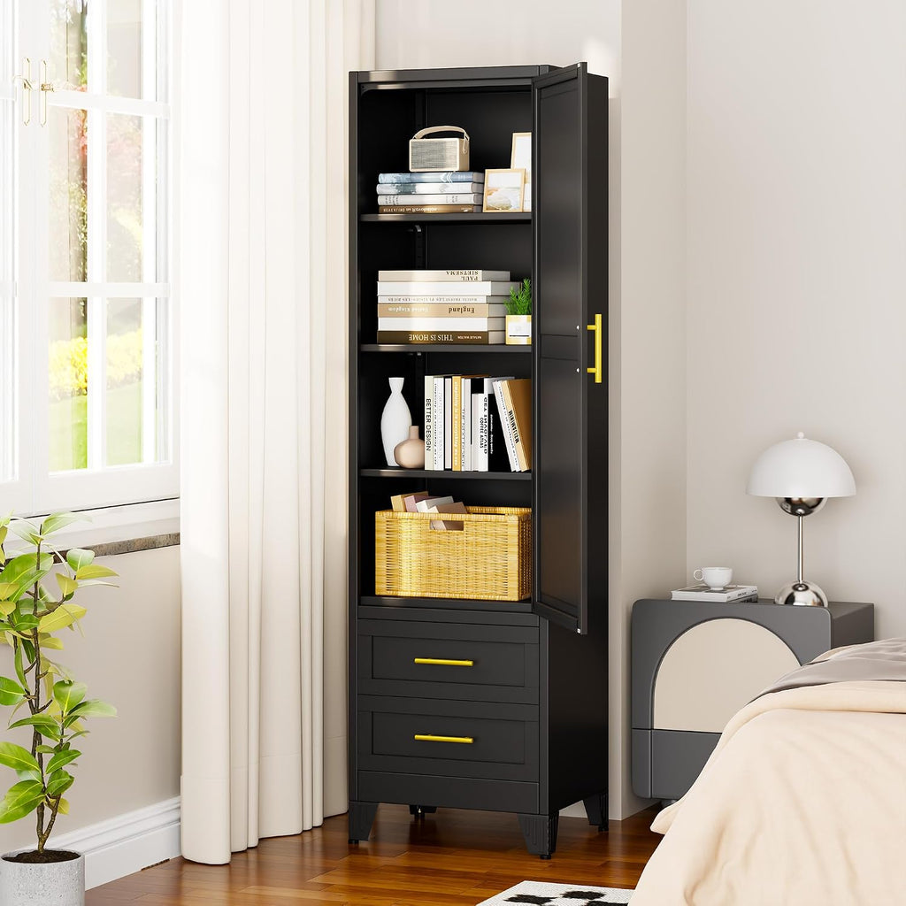 67' Tall Narrow Metal Storage Cabinet, Freestanding Pantry Organizer, Black | Slim Bathroom Cabinets with 2 Drawers & 3 Adjustable Shelves, Multi-Use Cupboard for Kitchen Office Living＆ Dining Room