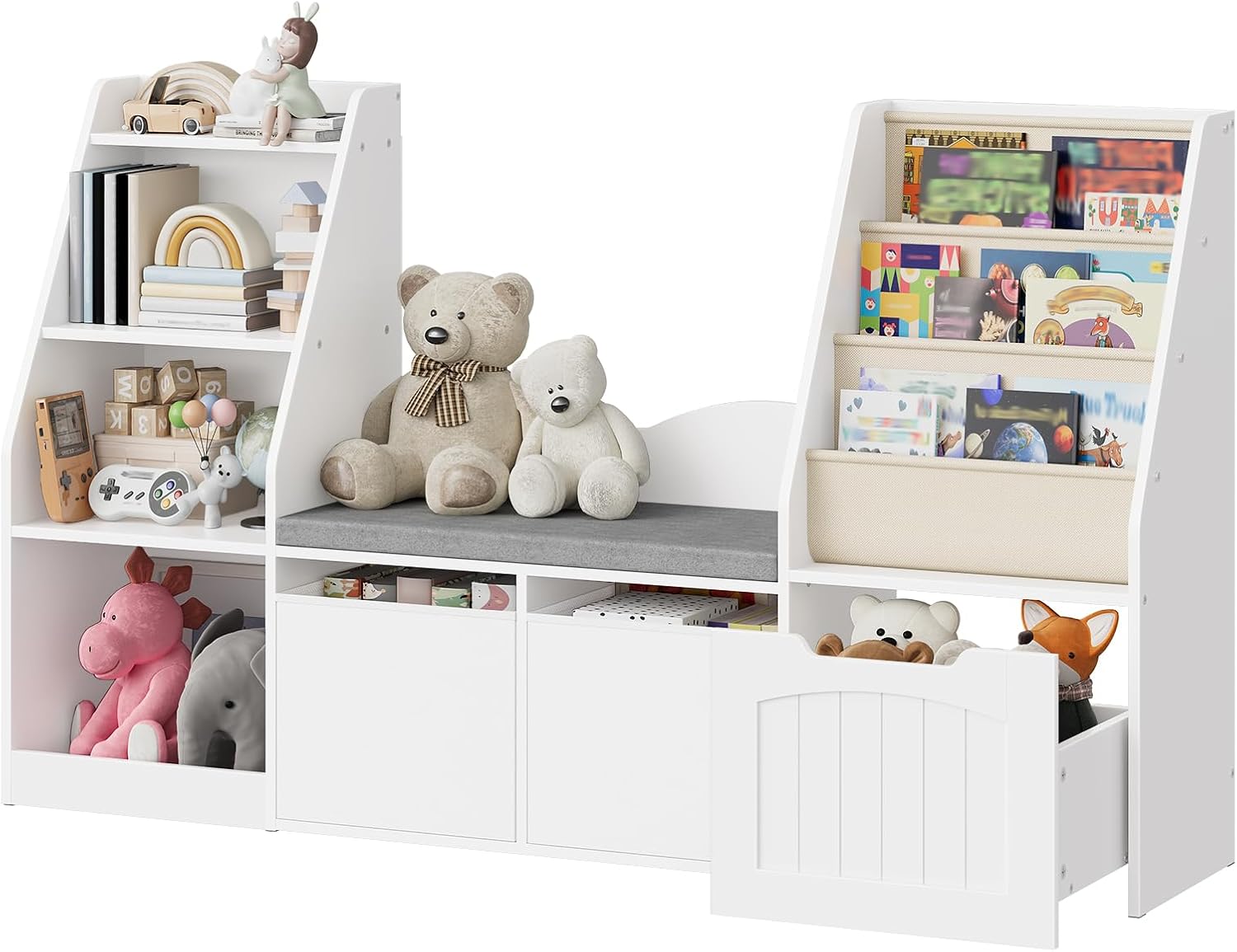 CHOEZON 53.1' Kids Bookshelf with Reading Nook, 4-in-1 Children's Bookcase with Soft Bench, Mobile Drawer & Fabric Bins, Storage Shelves, Bookshelf for Kids, White MCW18WB