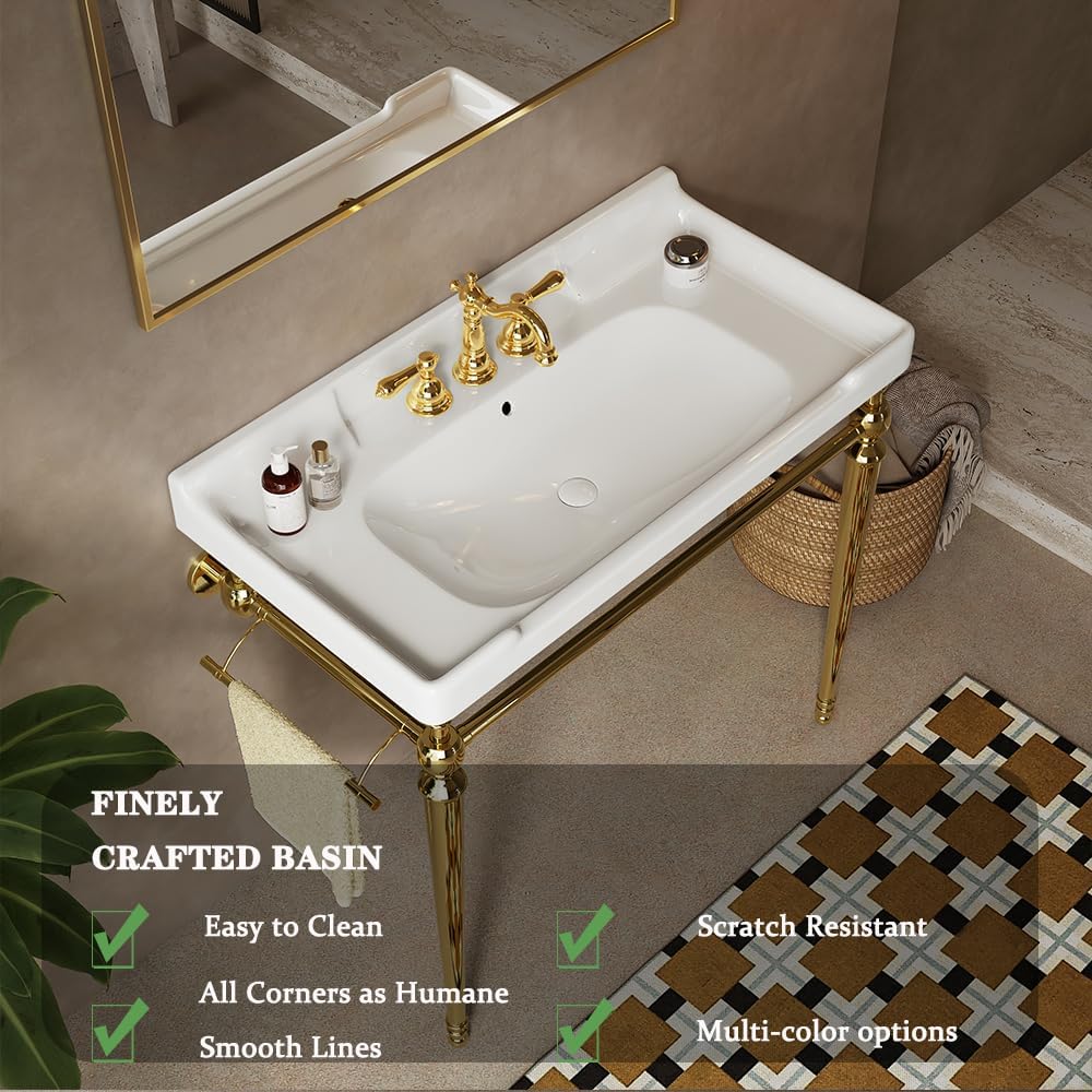 28' Bathroom Console Sink, Wall-Mounted White Ceramic Vanity Basin with 3 Pre-drilled Faucet Holes, Freestanding Gold Stainless Steel Support Legs with Towel Bar, No Faucet - Rome, White