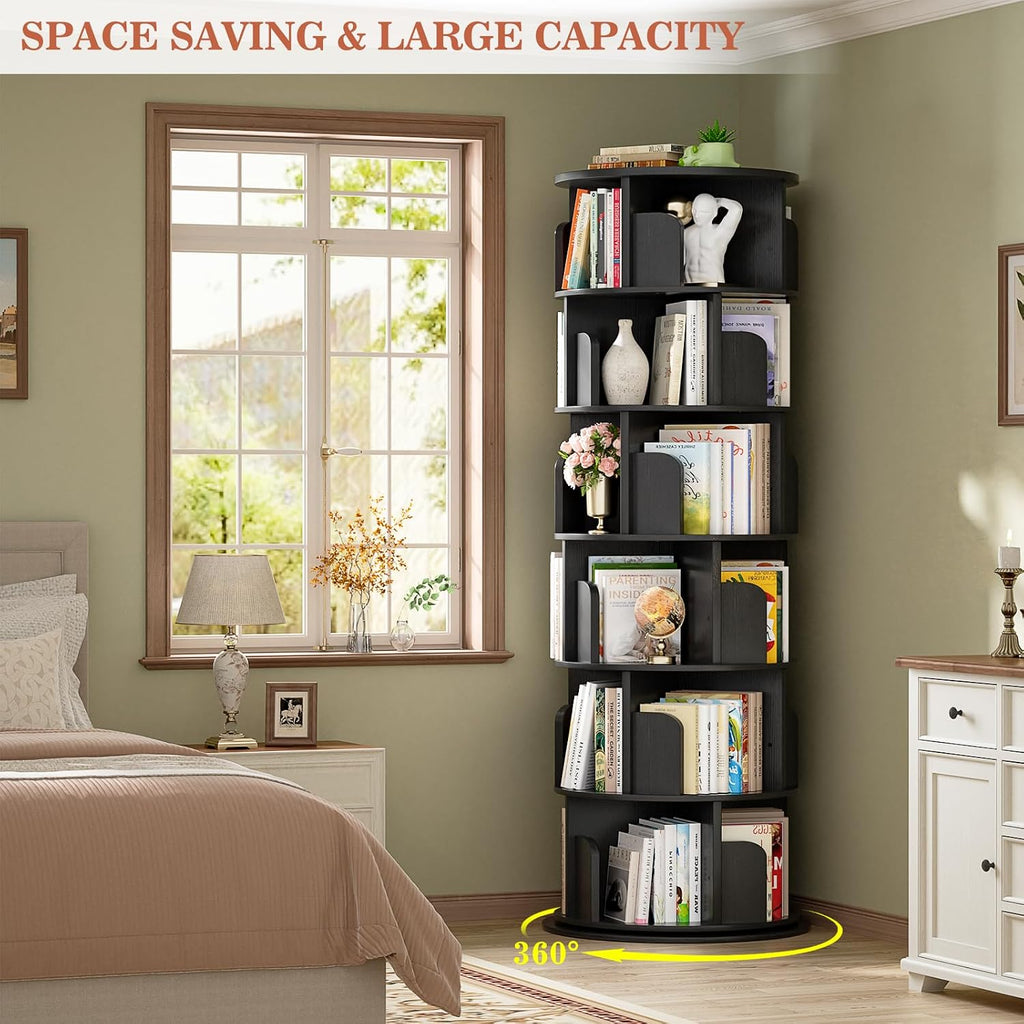 Aheaplus 6 Tier Rotating Bookshelf, Wood Spinning Bookshelf Tower, Round Revolving 360 Bookcase, Narrow Turning Book Shelf Rolling Corner Organizer for Small Space, Bedroom, Office, Black