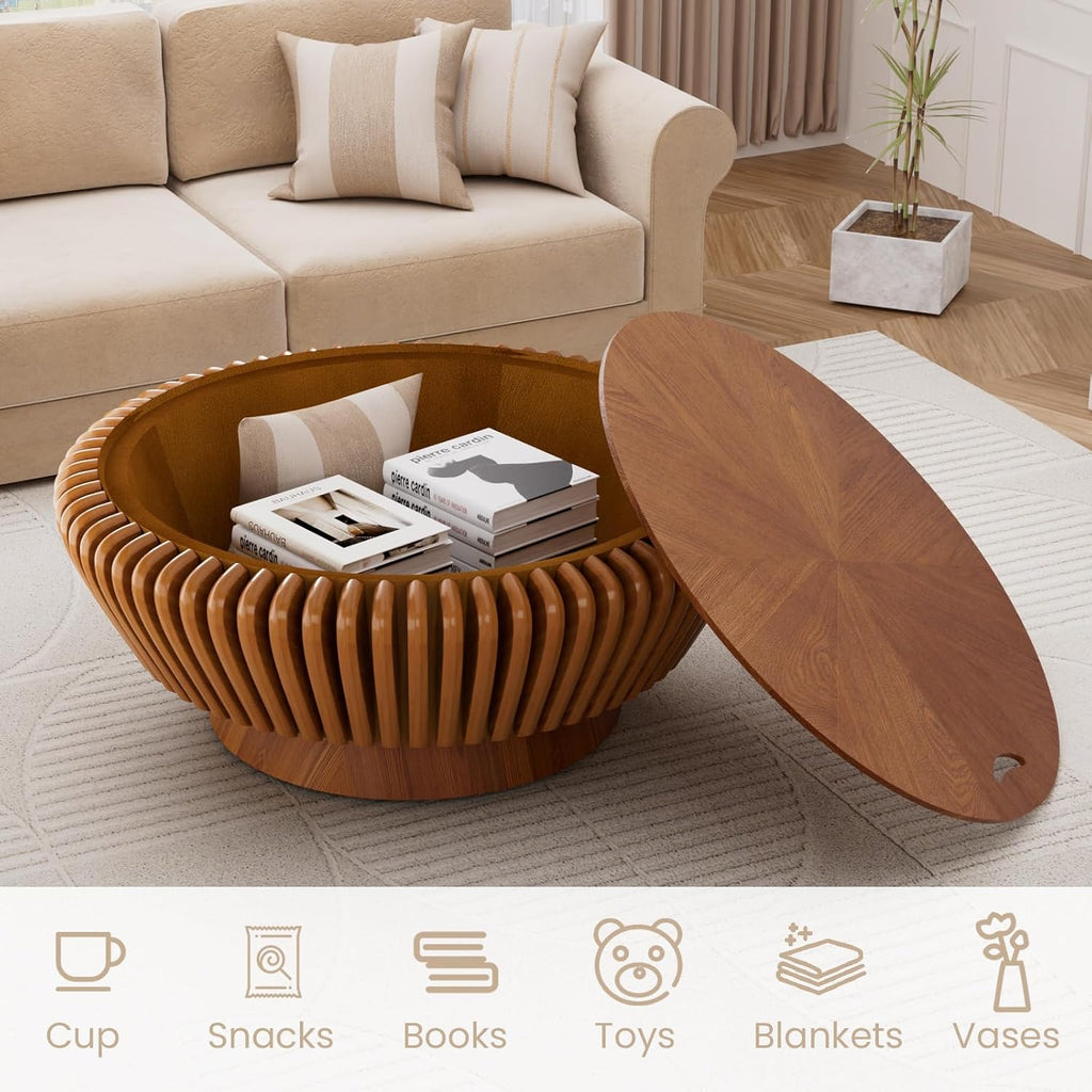 Round Coffee Table with Storage, 35.4' Modern Wooden Drum Coffee Table with Cover, Fluted Circle Center Table, Solid Wood Veneered, Accent Tea Table for Living Room Apartment Small Space (35.4 Brown)