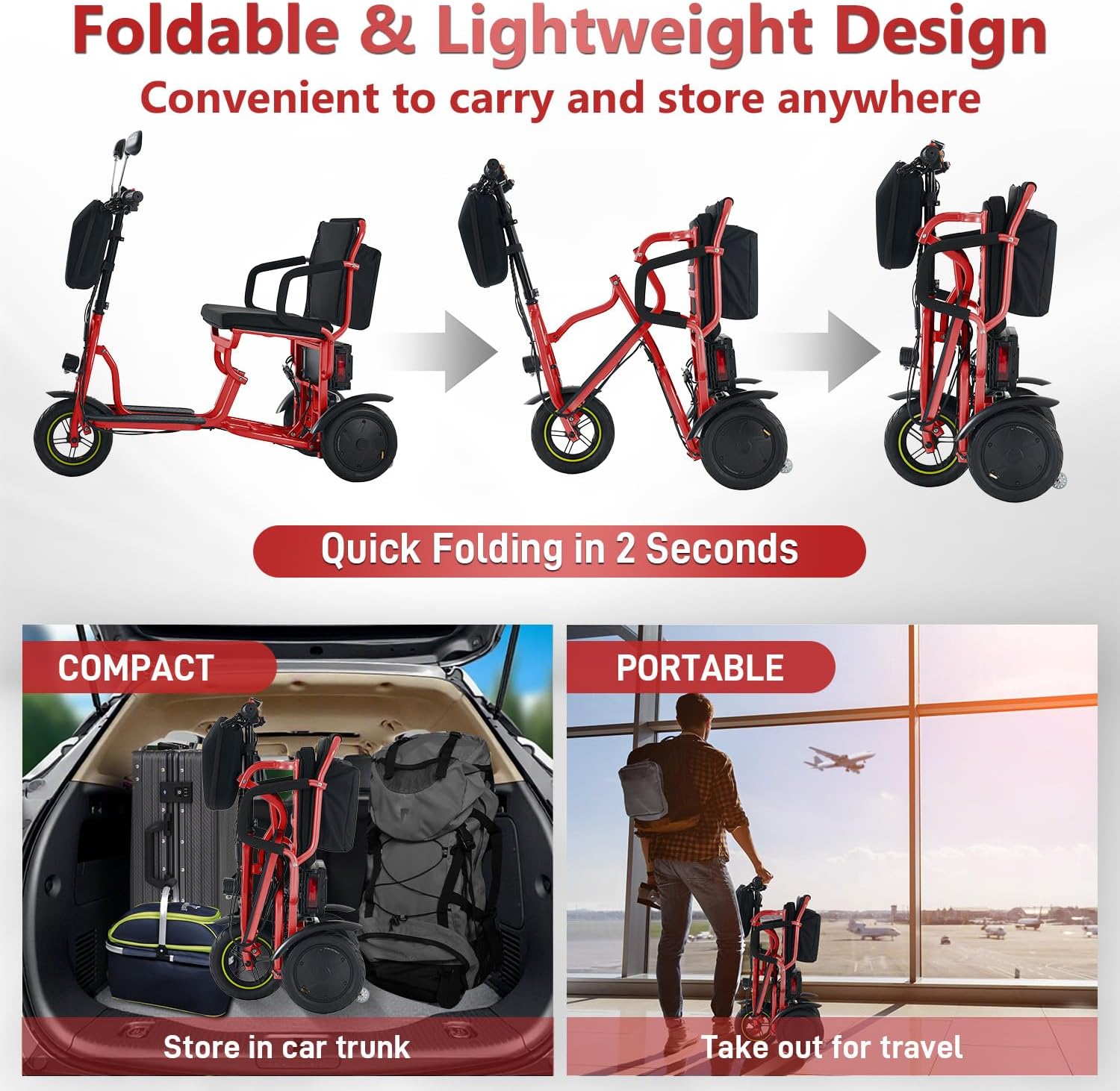 3-Wheel Folding Mobility Scooter Foldable Lightweight Electric Scooter for Adults & Seniors, Detachable Lithium Battery, Long Range 28 Miles, 3-Speed, with Rearview Mirror & Turn Signal (Red)