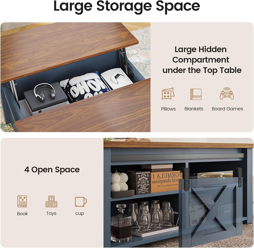 SEDETA 31.5' Lift Top Coffee Table with Storage, Square Coffee Tables for Living Room, Farmhouse Coffee Table with Large Hidden Storage Compartment and Adjustable Shelves, Blue