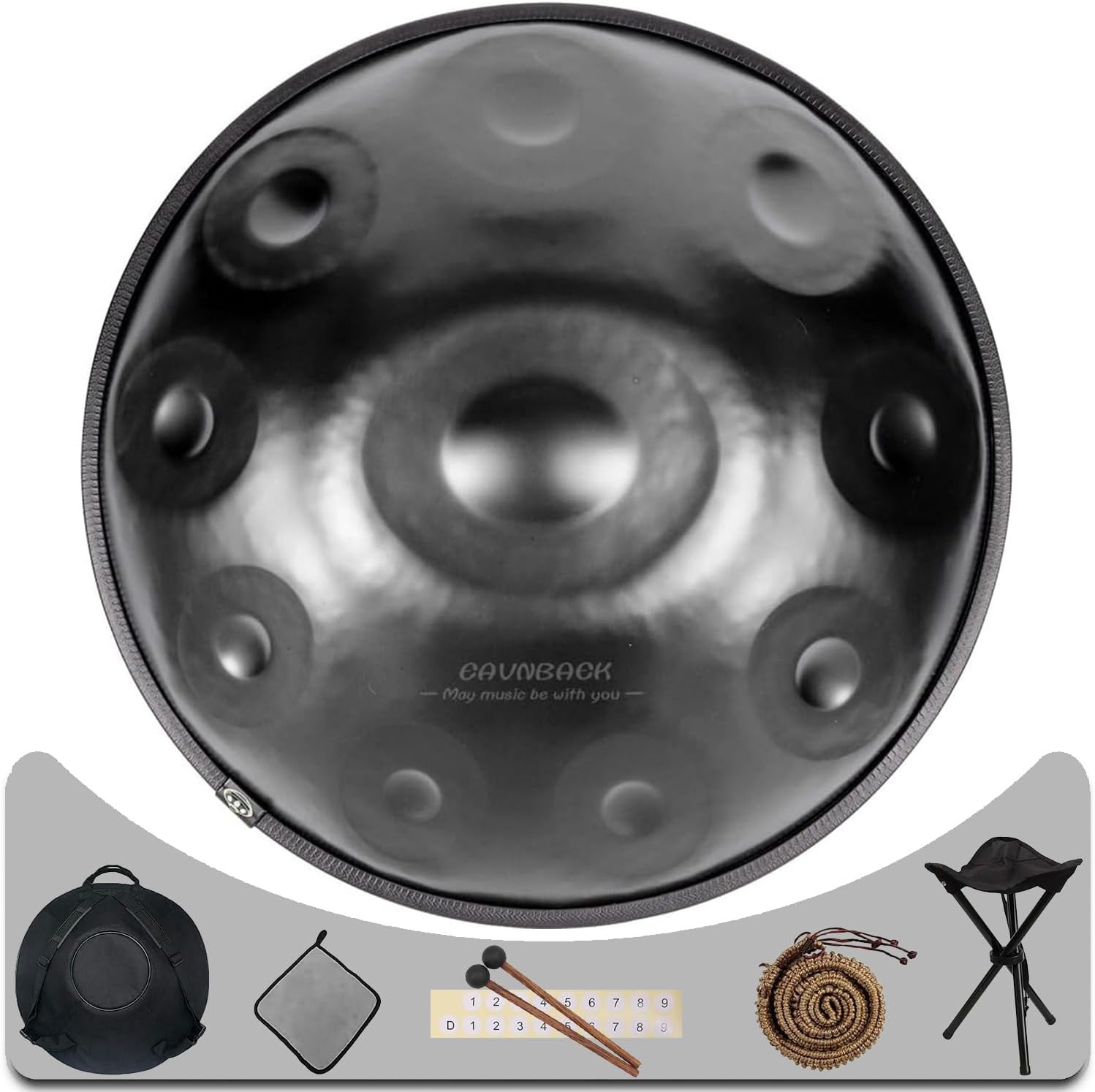 Eavnbaek Advanced Adult Handpan - 22-Inch 10-Note 440Hz D Minor Kurd Steel Drum with Soft Bag, Mallets, Stand and Dust-Free Cloth (Black)