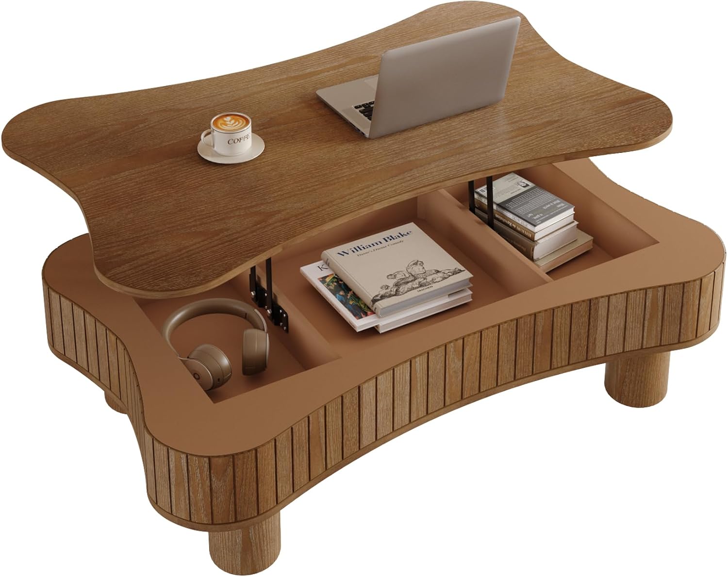 42' Cloud Fluted Lift Top Coffee Table with Hidden & Open Storage, Modern Center Table with Hydraulic Raising Mechanism, Irregular Shape Tea Table with Curved Safety Corners, Walnut