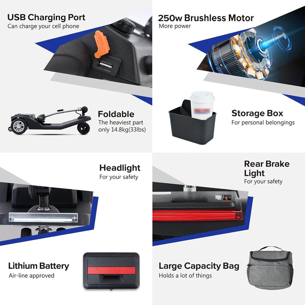 Mobility Scooters for Seniors & Adults 350 Lb Weight All Terrain,Lightweight 4-Wheel Powered Mobile Scooter,Foldable Disability Electric Wheelchair,Luxury Seat,w/Led Lights,15Miles,5MPH,Blue