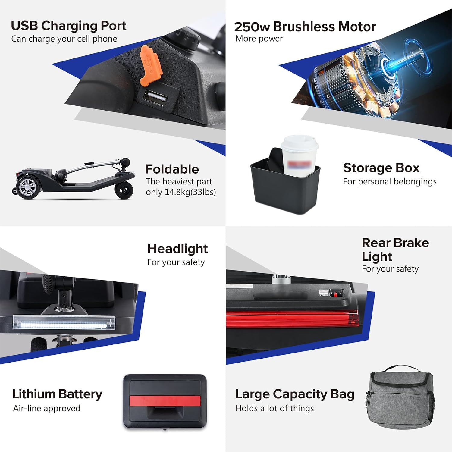 Mobility Scooters for Seniors & Adults 350 Lb Weight All Terrain,Lightweight 4-Wheel Powered Mobile Scooter,Foldable Disability Electric Wheelchair,Luxury Seat,w/Led Lights,15Miles,5MPH,Blue