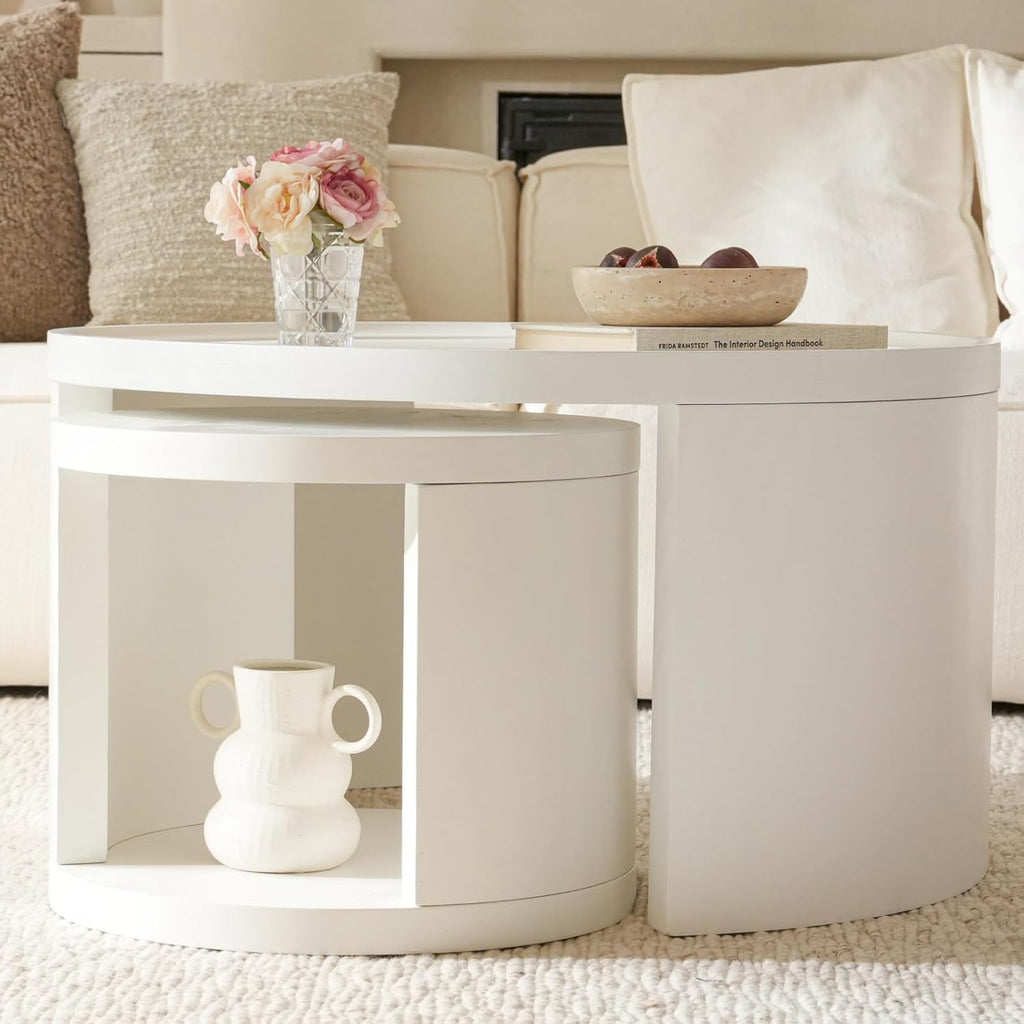 Round Nesting Coffee Table Set of 2,31.5' Large & 18' Small Low Tables with Wood Look Top,Space-Saving Side Tables for Living Room,Bedroom,Office,Minimalist Center Table Set (White, L)