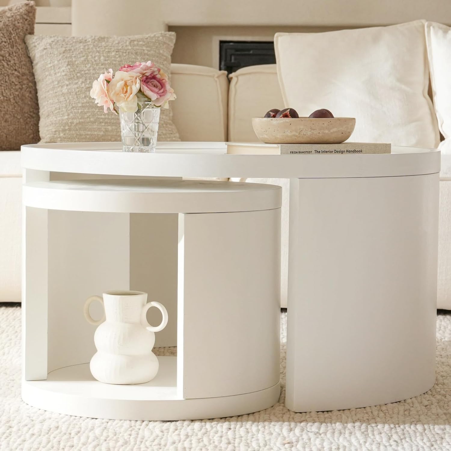Round Nesting Coffee Table Set of 2,31.5' Large & 18' Small Low Tables with Wood Look Top,Space-Saving Side Tables for Living Room,Bedroom,Office,Minimalist Center Table Set (White, L)