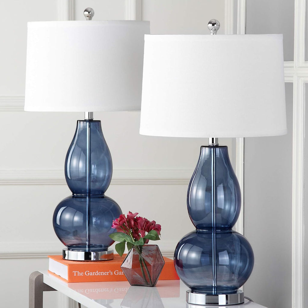 SAFAVIEH Lighting Collection Mercurio Blue Glass Double Gourd 29-inch Bedroom Living Room Home Office Desk Nightstand Table Lamp Set of 2 (LED Bulbs Included)