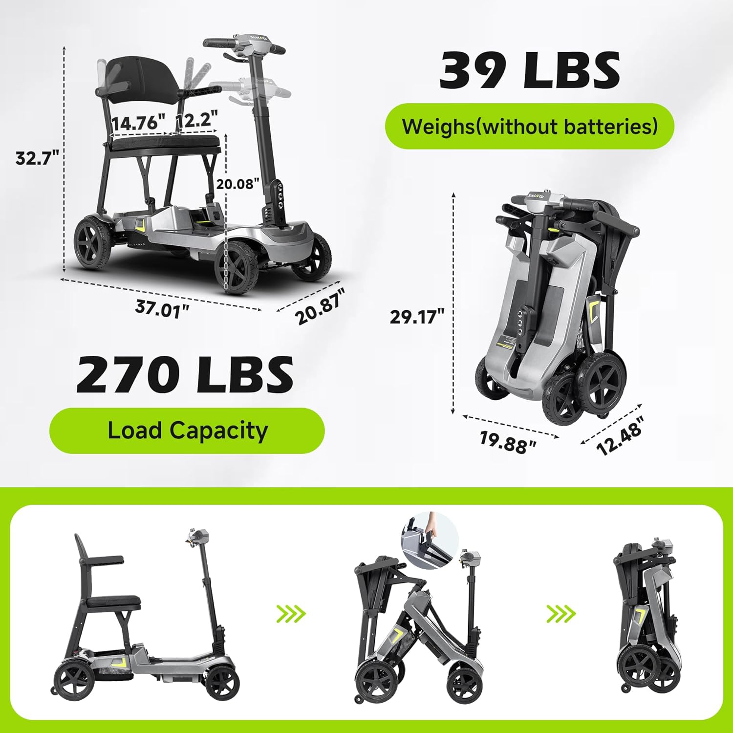 SCOOTNGO Mobility Scooters for Seniors, 4 Wheel Foldable Lightweight Airline Approved Mobility Scooter for Adults, Dual Batteries, Portable, No Assembly Needed (Silver Grey, Standard)
