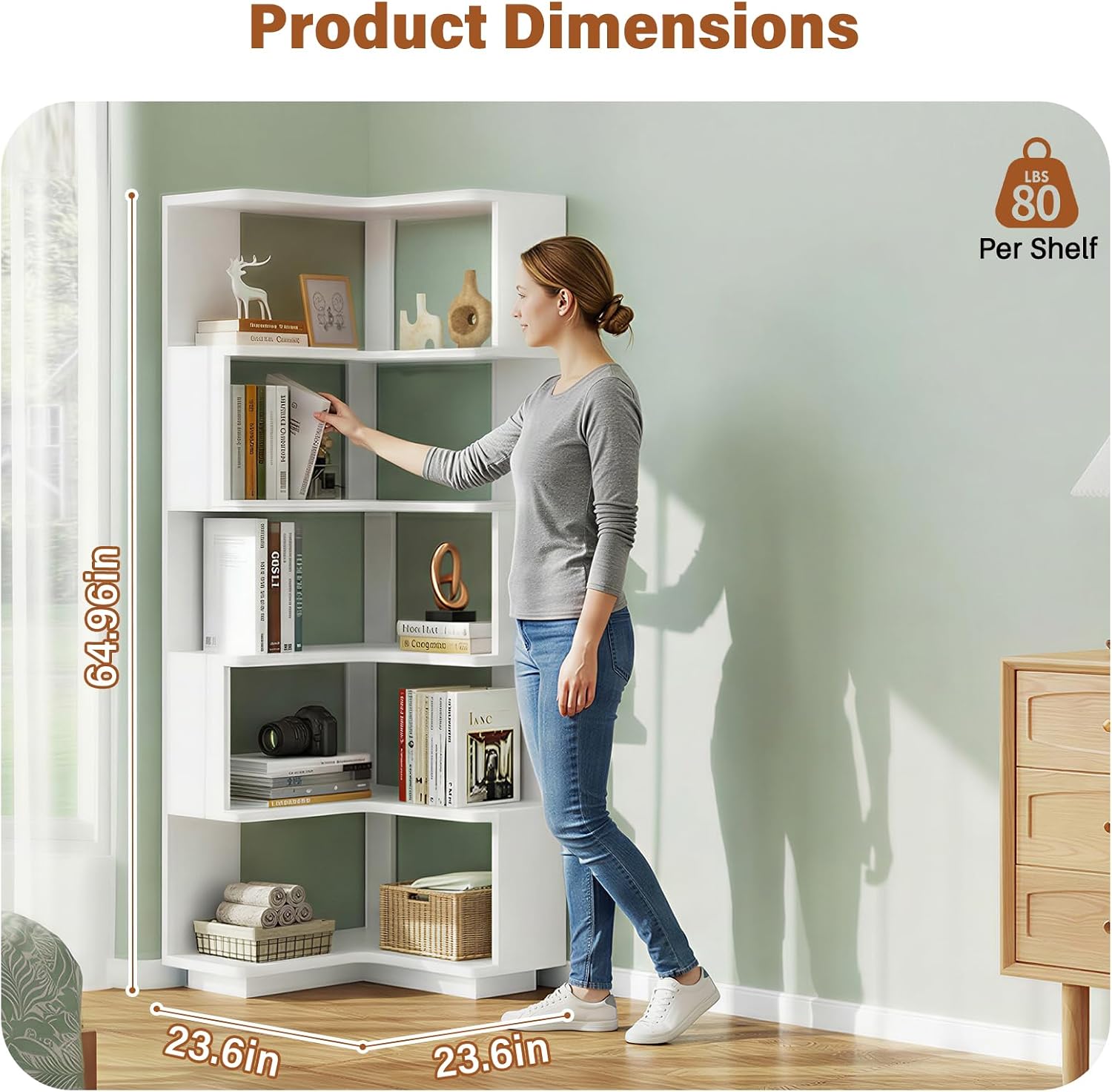 CozyDH Corner Book Shelf, 5 Tier Corner Bookshelf Etagere Bookcase with Baffle, Freestanding L Shaped Display Shelf Stand for Home Office, Living Room, Bedroom, Kitchen, White