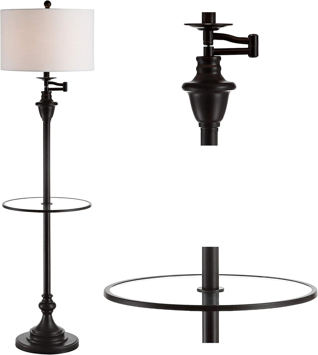 JONATHAN Y 60' Oil Rubbed Bronze Floor Lamp with Integrated Glass Side Table, Modern Swing Arm Standing Lamp for Living Room, White Linen Shade, LED Bulb Included (JYL3055C)
