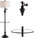JONATHAN Y 60' Oil Rubbed Bronze Floor Lamp with Integrated Glass Side Table, Modern Swing Arm Standing Lamp for Living Room, White Linen Shade, LED Bulb Included (JYL3055C)