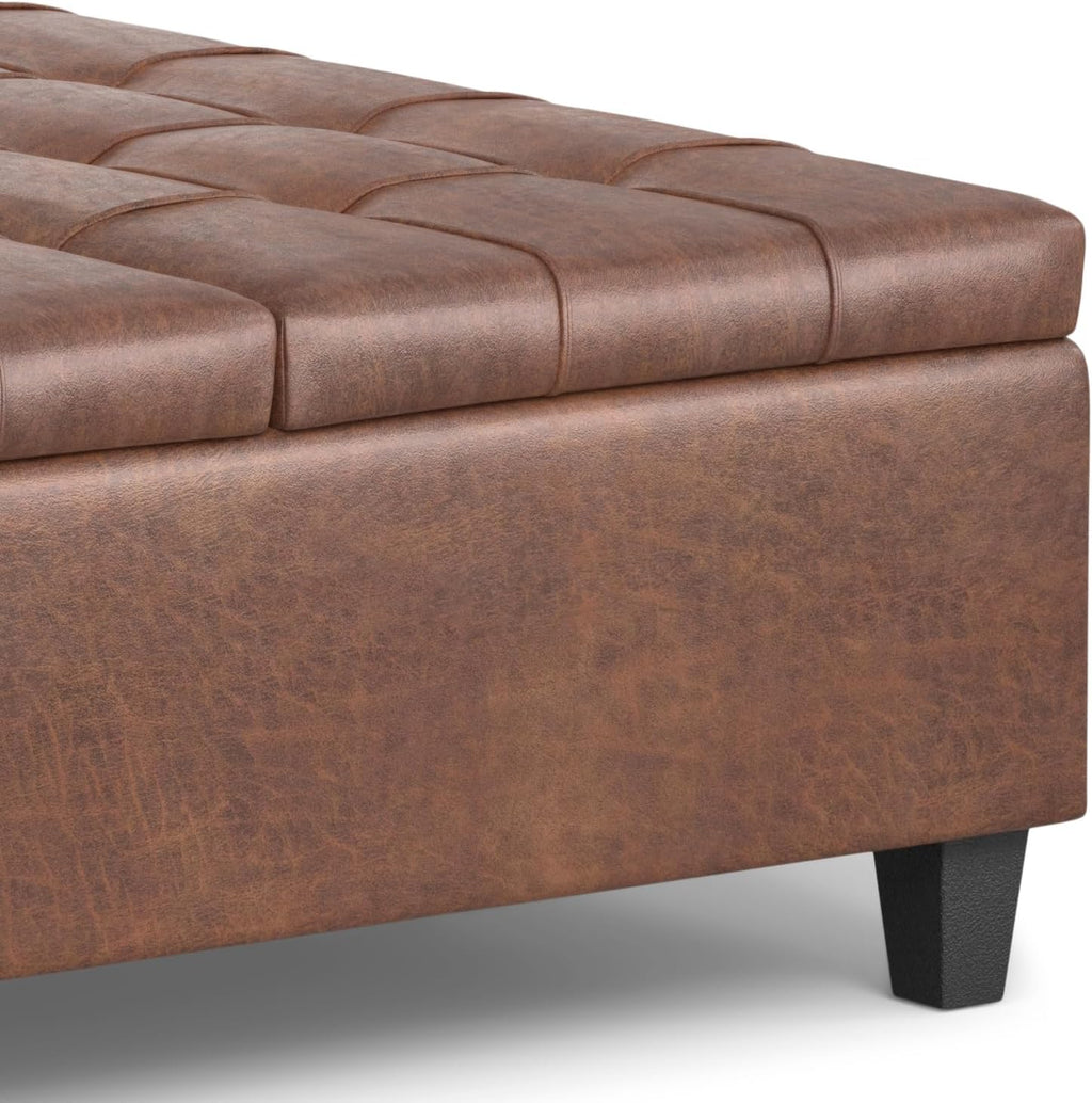 SIMPLIHOME Harrison Large Coffee Table Storage Ottoman - 40 inch Wide Upholstered Vegan Leather Square Lift-Top Ottoman in Distressed Saddle Brown, Transitional Bench for Living Room with Sturdy Base