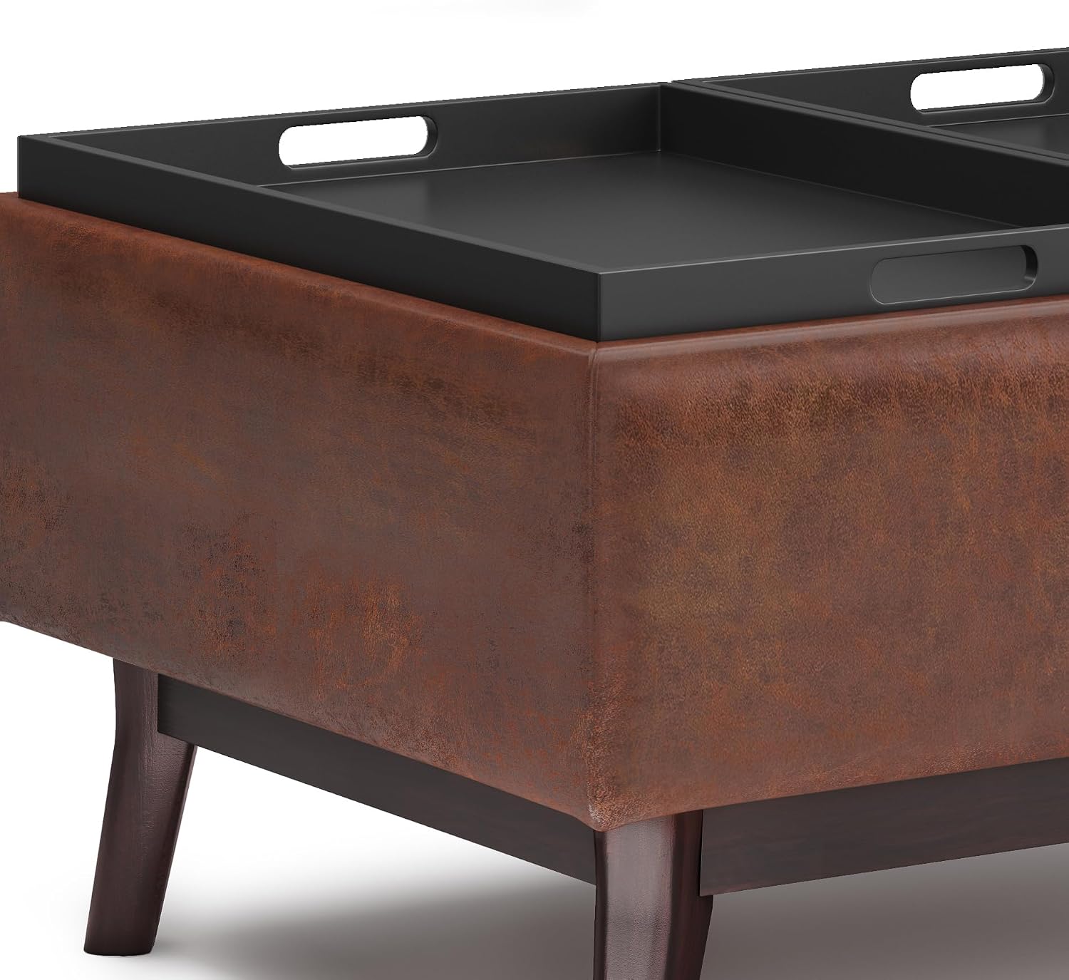SIMPLIHOME Owen Tray Top Small Coffee Table Storage Ottoman - 34 inch Wide Upholstered Vegan Leather Rectangular Flip-Top Ottoman in Distressed Saddle Brown, Mid-Century Modern Ottoman for Living Room