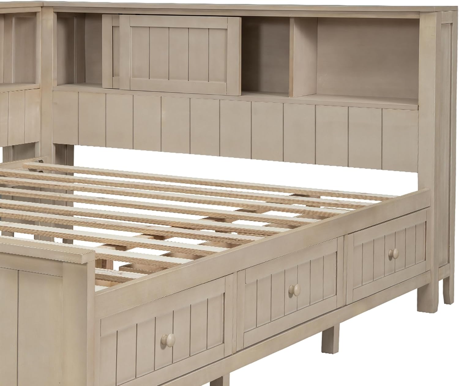 Full Size Daybed with Storage Shelves and 3 Drawers, Antique White Milk, Solid Wood + MDF, Farmhouse Corner Daybed Frame with Storage for Living Room, Bedroom, Guest Room