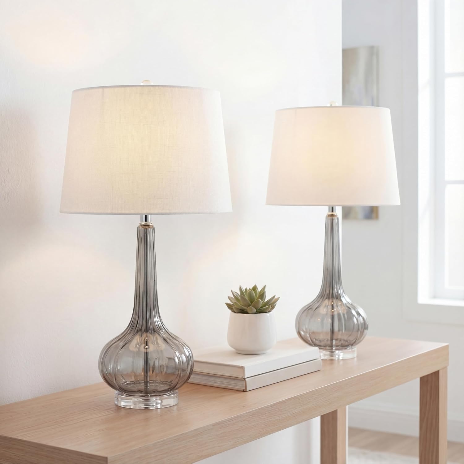 JONATHAN Y 28.5' Smoke Gray Glass Teardrop LED Table Lamp Set of 2 for Living Room Bedroom Nightstand, White Linen Shade Modern Transitional Bedside Desk Lamp (JYL1079D-SET2)