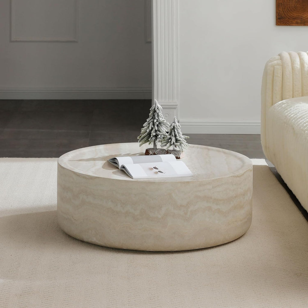 31.49' Faux Marble Coffee Table for Living Room, Travertine Stone Pattern Modern Drum Circle Round Center Table for Living Room, Apartment, Office, Fiberglass, No Assembly, Beige