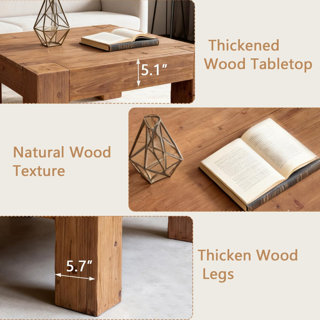 SSLine Solid Wood Coffee Table 39.4-Inch Square Coffee Table for Living Room,Farmhouse Cocktail Center Tables with Thicken Top and Sturdy Legs,Walnut