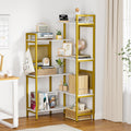 Gezen 6-Tier Ajustable Corner Bookshelf Modern Wood Bookcase for Home Office, Open Standing Shelf with Metal Frame, Wood and Metal Corner Bookcase for Living Room/Study Room/Bedroom(White, Gold)