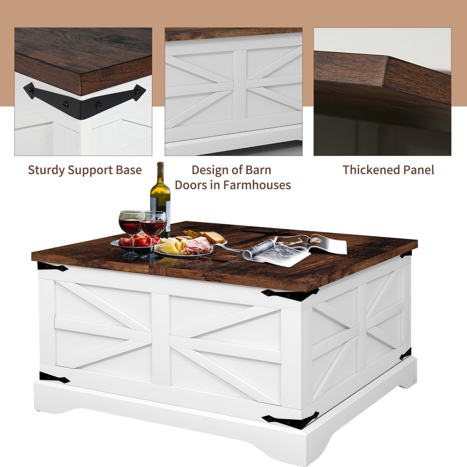 oneinmil Farmhouse Coffee Table with Storage Organizer, Square Coffee Tables with Large Storage Space, Center Table for Living Room, Bedroom, Home Office, White