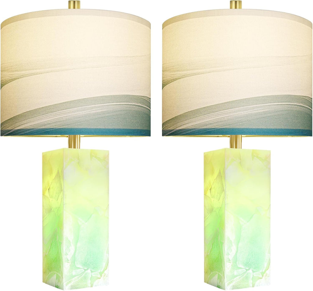 Scenekoy 23' Alabaster Table Lamp Set of 2 with Night Light for Bedroom Living Room, Rotary Switch, Blue Table Lamp with Linen Shade, Modern Nightstand Lamps for Room Bedside Bedroom (Bulb Included)