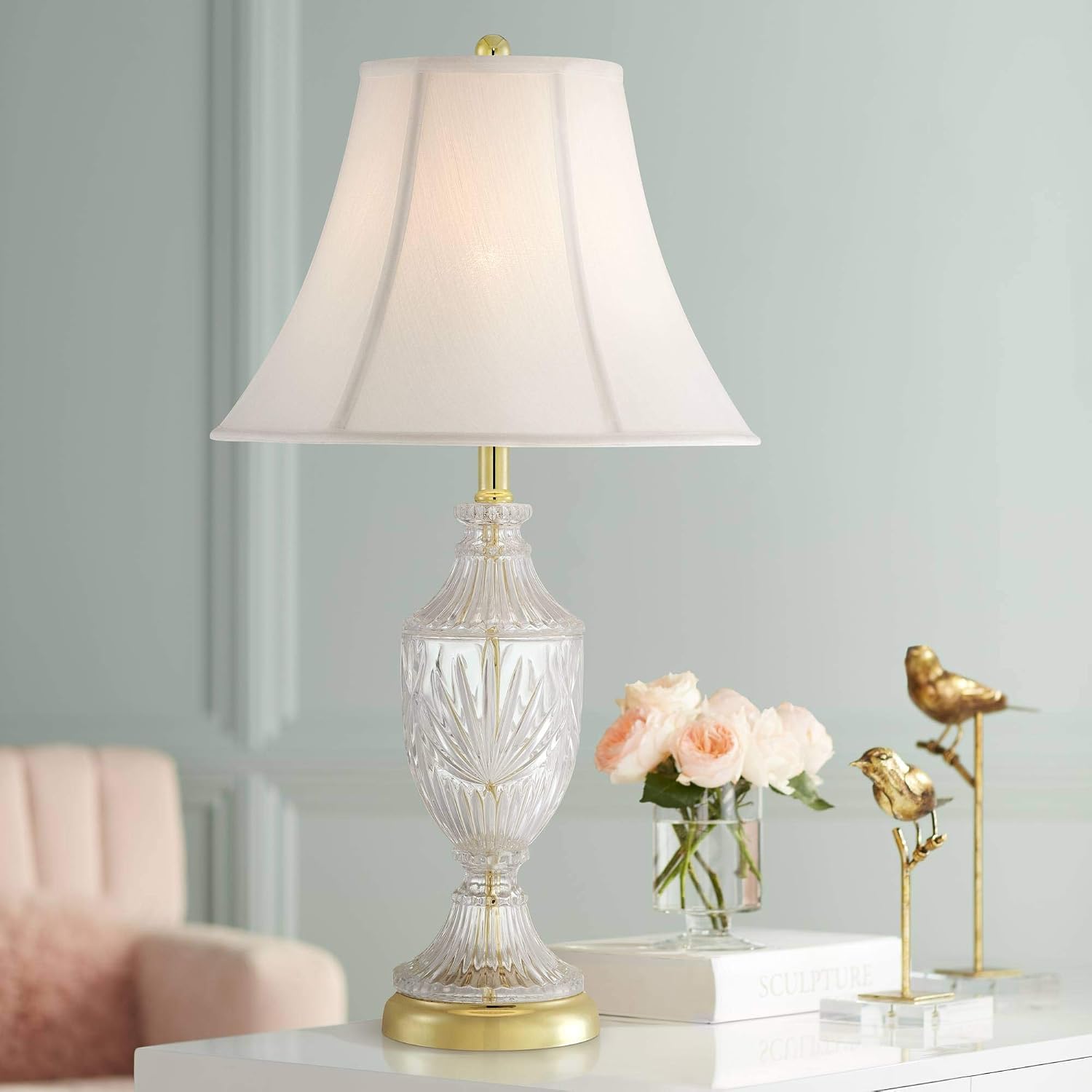 Regency Hill Traditional Glam Style Table Lamp 26.5' High Cut Glass Urn Brass Gold Metal Clear White Cream Bell Glass Shade Decor for Living Room Bedroom House Bedside Nightstand Home