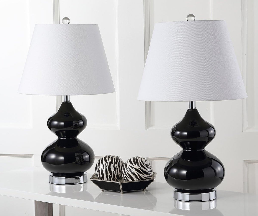 SAFAVIEH Lighting Collection Eva Modern Contemporary Black Double Gourd Glass 24-inch Bedroom Living Room Home Office Desk Nightstand Table Lamp Set of 2 (LED Bulbs Included)