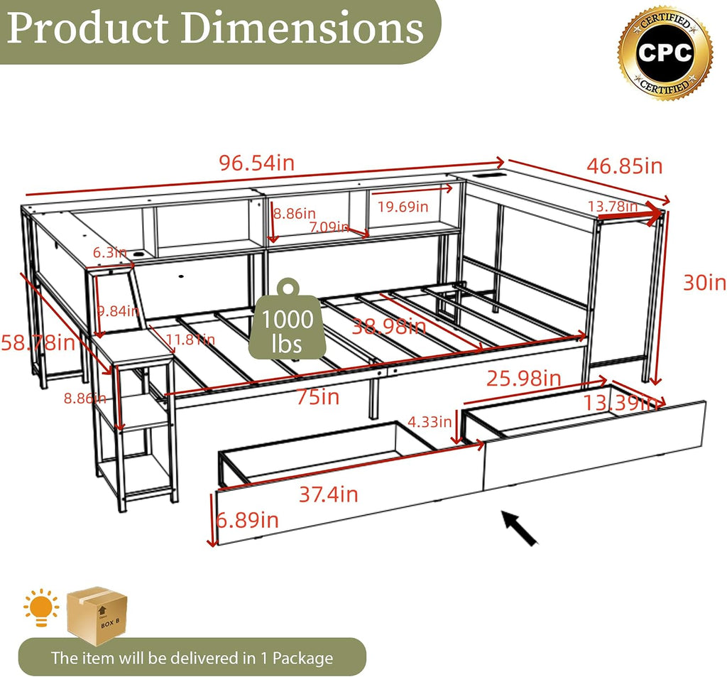 Twin Corner Bed Frame with Desk and Storage, Twin Size Daybed with Bookcase Shelves, LED Lights & Charging Station, L-Shaped Bed with Storage Drawers for Kids Teens, No Box Spring Needed (Black)