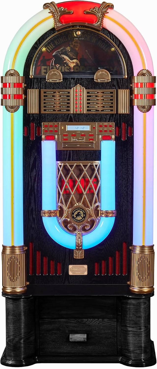 Arkrocket x Elvis Presley Jukebox Saturn V Full Size Bluetooth Vinyl Record Jukebox CD Player Vintage Radio Retro Turntable Classic Jukebox with Black Stand (Elvis Saturn V + Stand - Black)