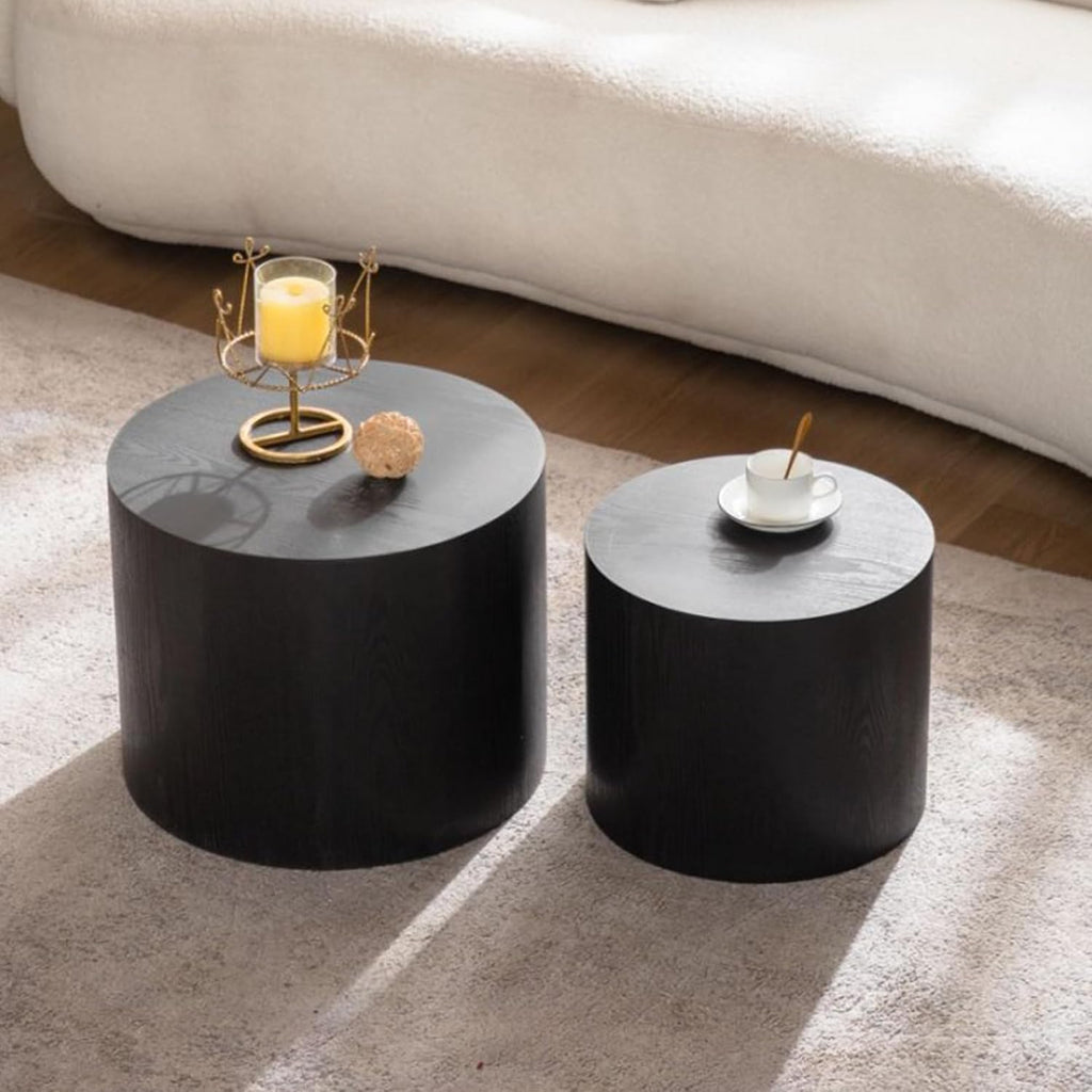 GDFStudio Round Nesting Coffee Table Set of 2, Modern Wooden Accent Side Table, Space Saving Small Circular Tea Coffee Tables and End Tables Sets for Living Room Small Space, No Assembly, Black