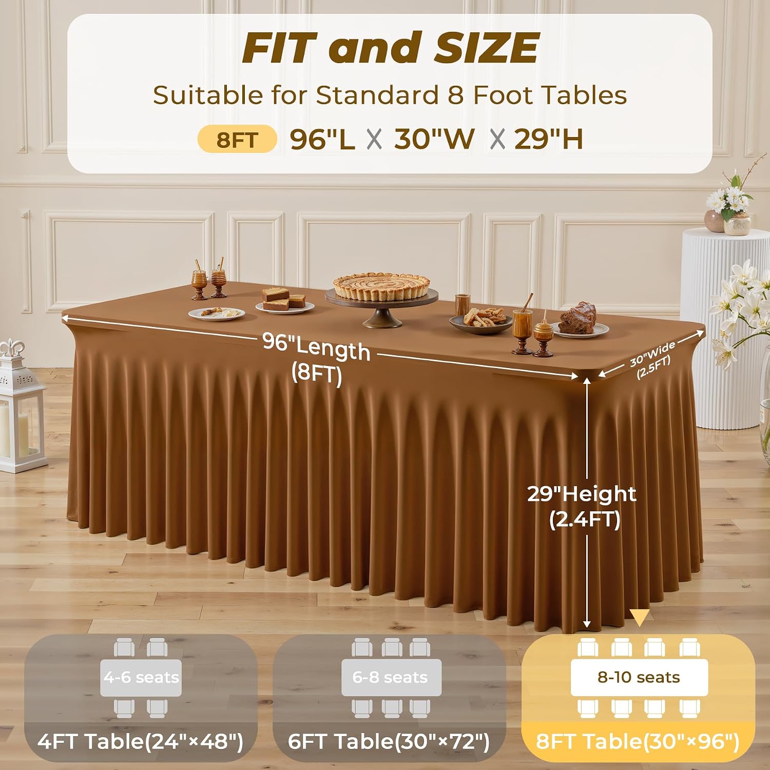 6 Pack Brown Spandex Fitted Tablecloth 8 Foot - Stretch Table Clothes for 8 FT Rectangle Table, Washable Ruffles Elastic for Weddings, Buffet, Banquet, Trade Craft Show, Party Celebration