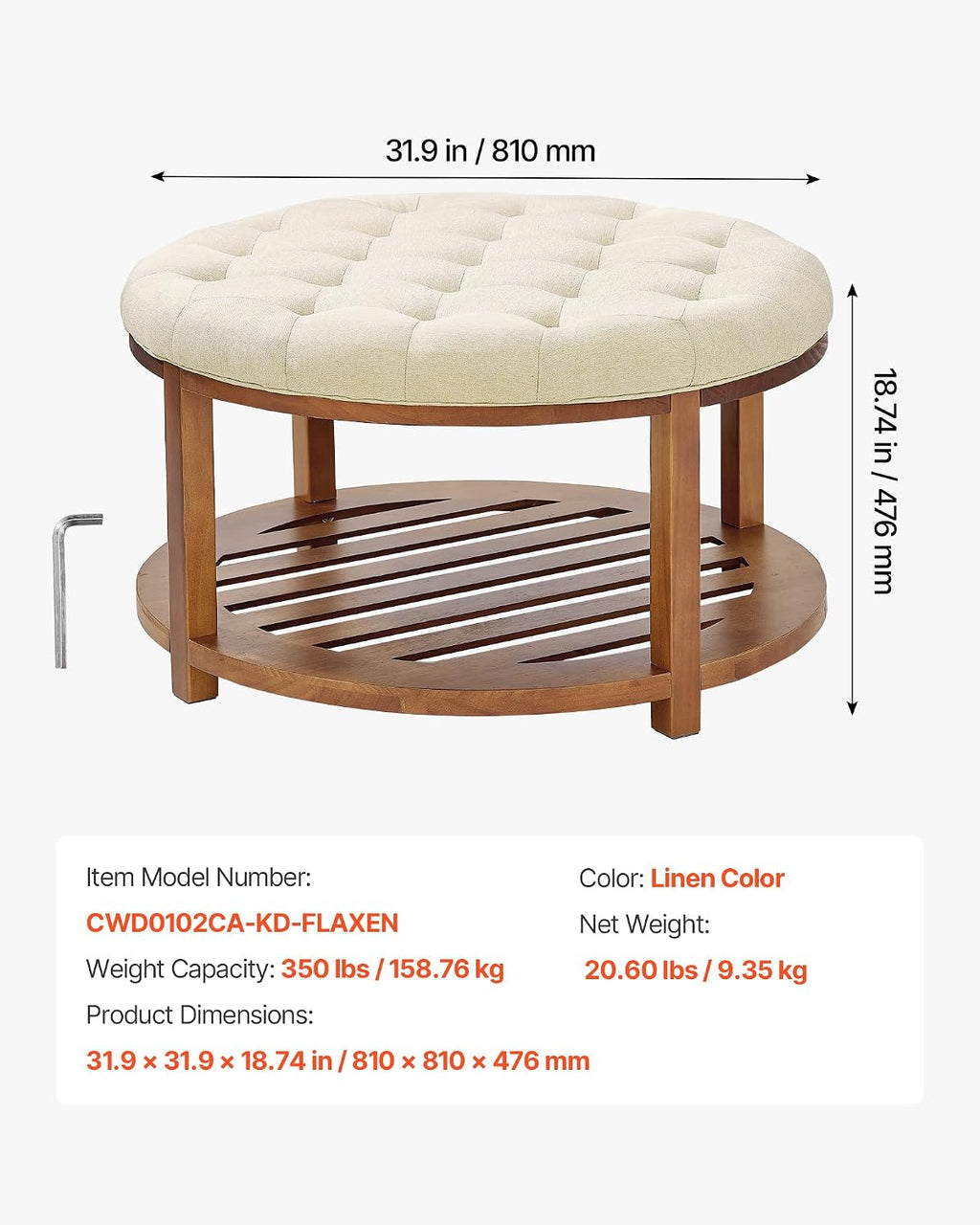 VEVOR Large Round Ottoman Coffee Table, 31.9 Inch Tufted Coffee Table with Solid Wood Shelf Storage, Linen Solid Upholstered Footrest Ottoman for Bedroom Living Room, 350 LBS, Linen Color
