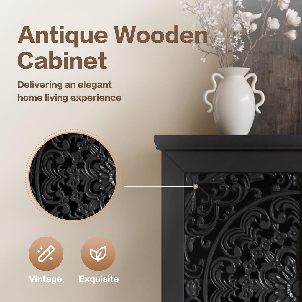 JIJIWANG Rustic 55'' Hollowed-Out Carving Storage Cabinet with 2 Doors and Shelves,French Wood Accent Cabinet with Distressed Finish,Buffet & Sideboard for Living Room,Entryway,Bedroom,Black