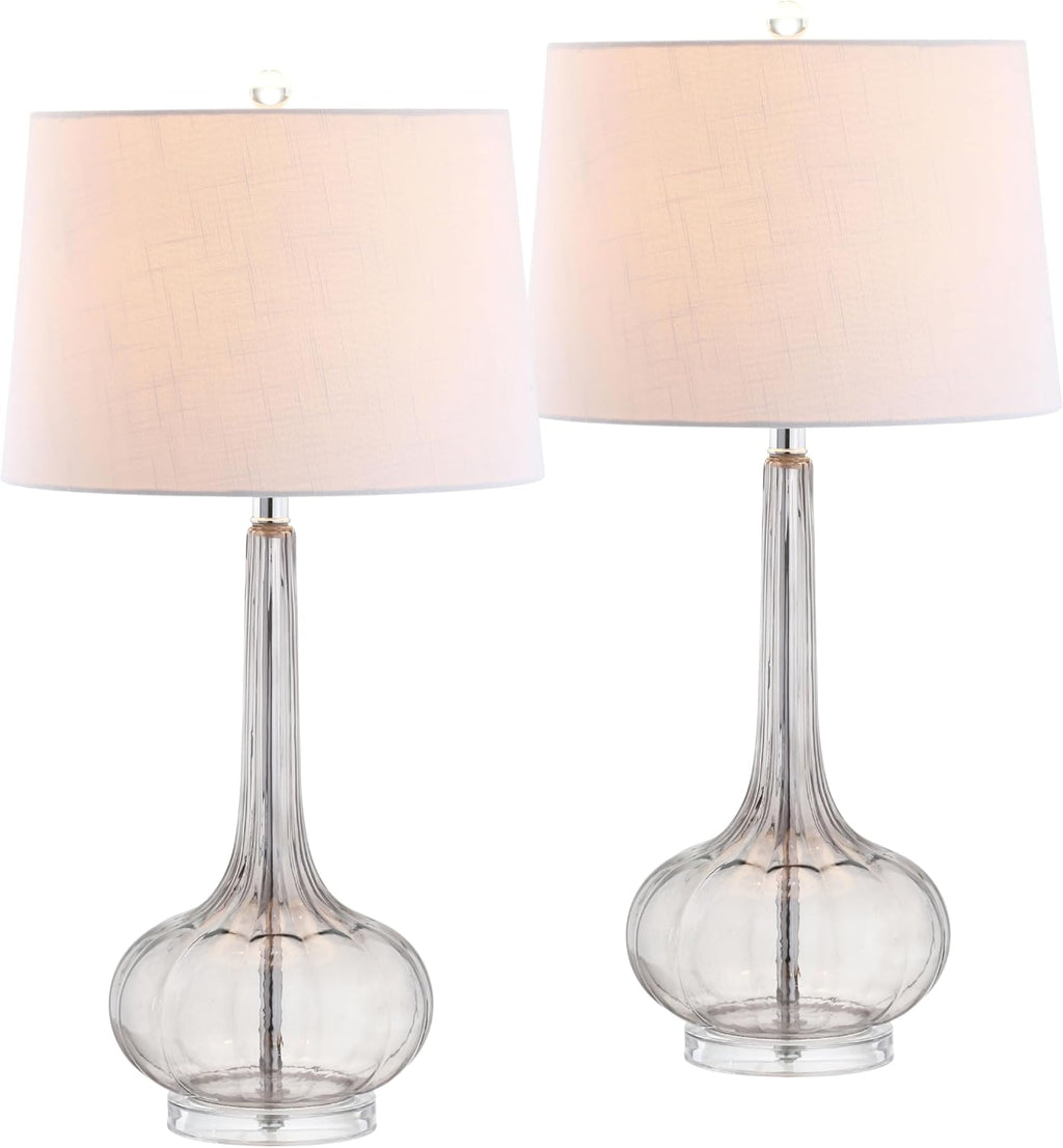 JONATHAN Y 28.5' Smoke Gray Glass Teardrop LED Table Lamp Set of 2 for Living Room Bedroom Nightstand, White Linen Shade Modern Transitional Bedside Desk Lamp (JYL1079D-SET2)