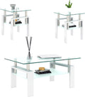 Living Room Tables Set,3 Piece Glass Coffee Table and End Tables Set for Living Room, Coffee Table Set with Tempered Glass Tabletop and Metal Frame for Apartment, Small Space, White