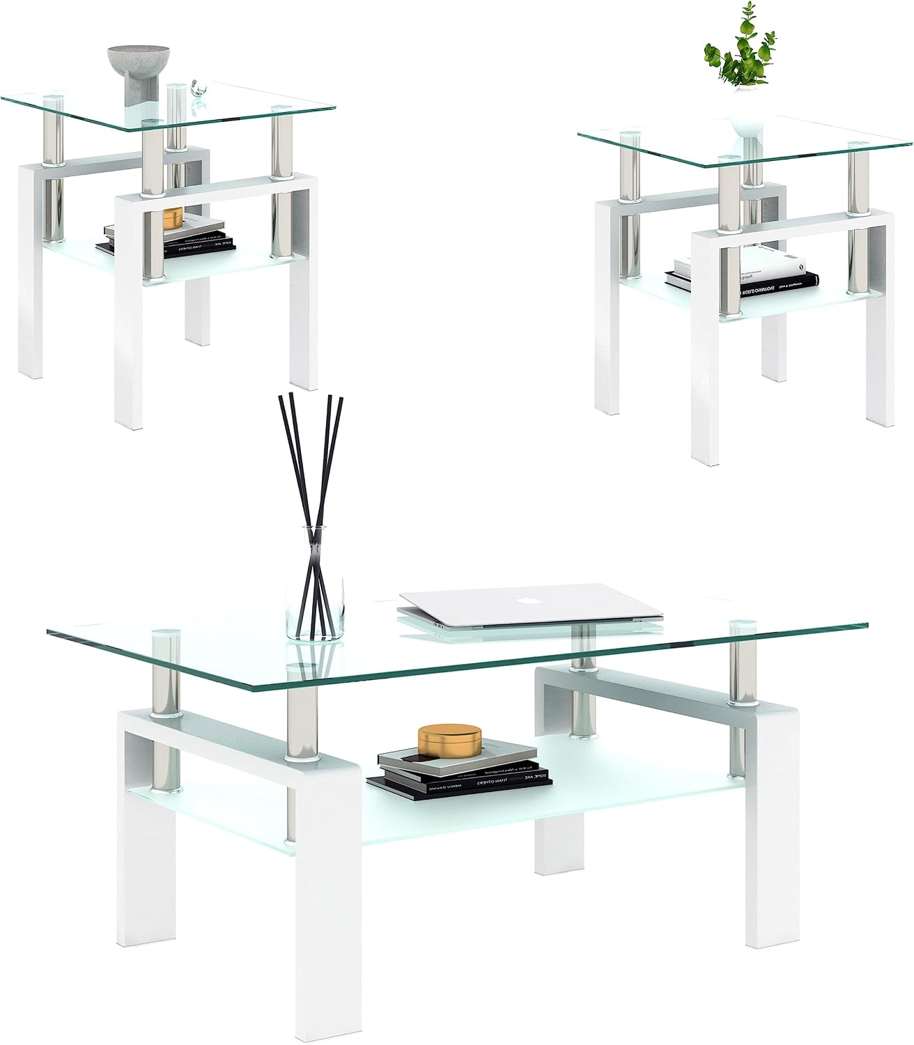 Living Room Tables Set,3 Piece Glass Coffee Table and End Tables Set for Living Room, Coffee Table Set with Tempered Glass Tabletop and Metal Frame for Apartment, Small Space, White